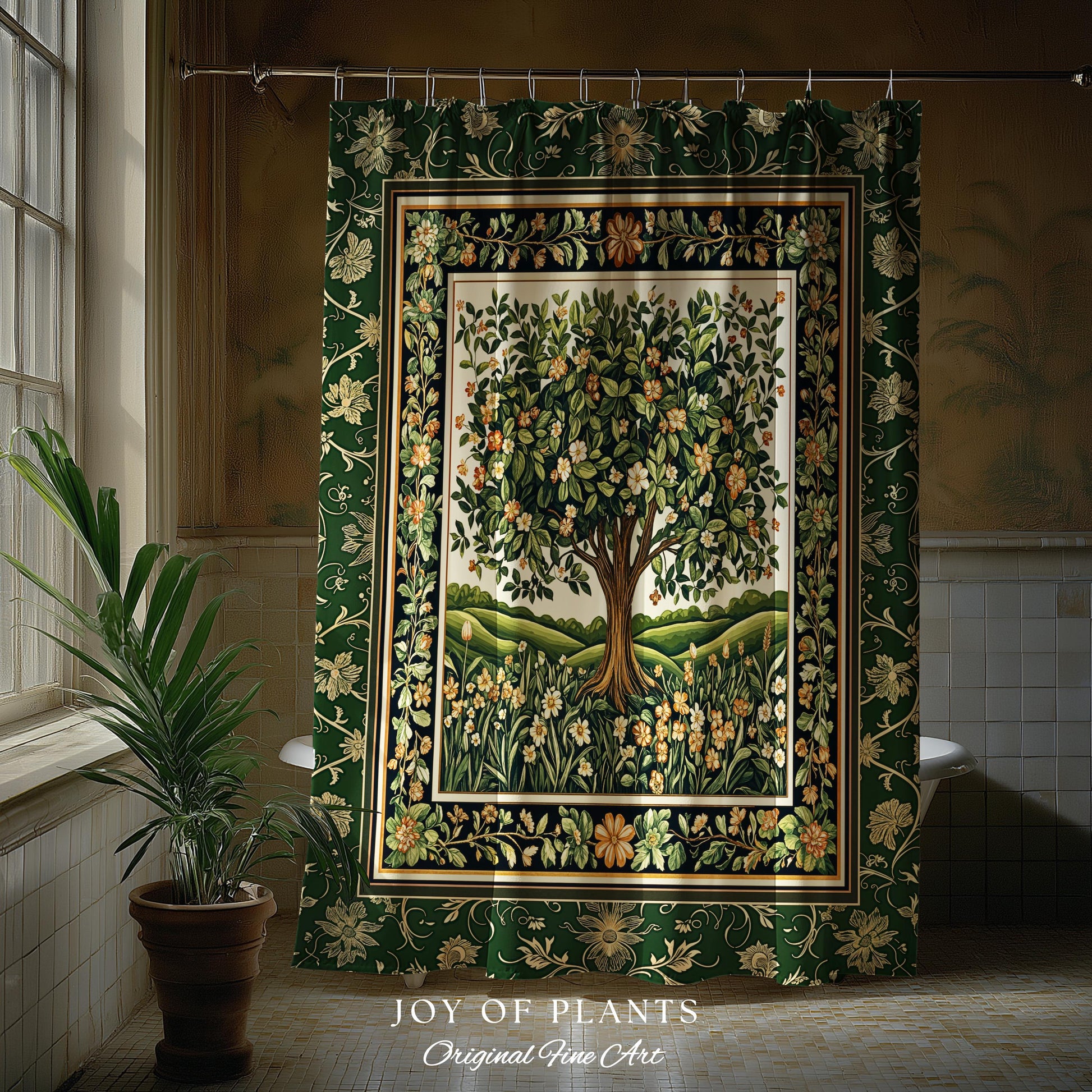 Emerald Green Floral Tree of Life Shower Curtain | Botanical Forestcore Folklore Vintage Floral Enchanted Cozy Cottagecore Whimsical Bath |
