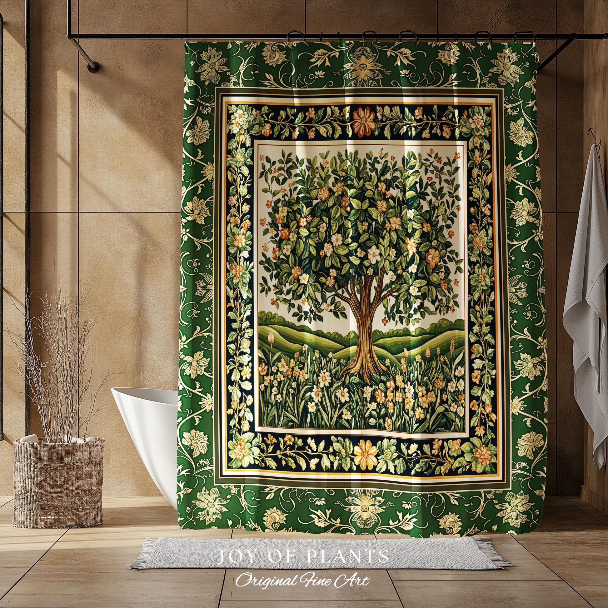 Emerald Green Floral Tree of Life Shower Curtain | Botanical Forestcore Folklore Vintage Floral Enchanted Cozy Cottagecore Whimsical Bath |