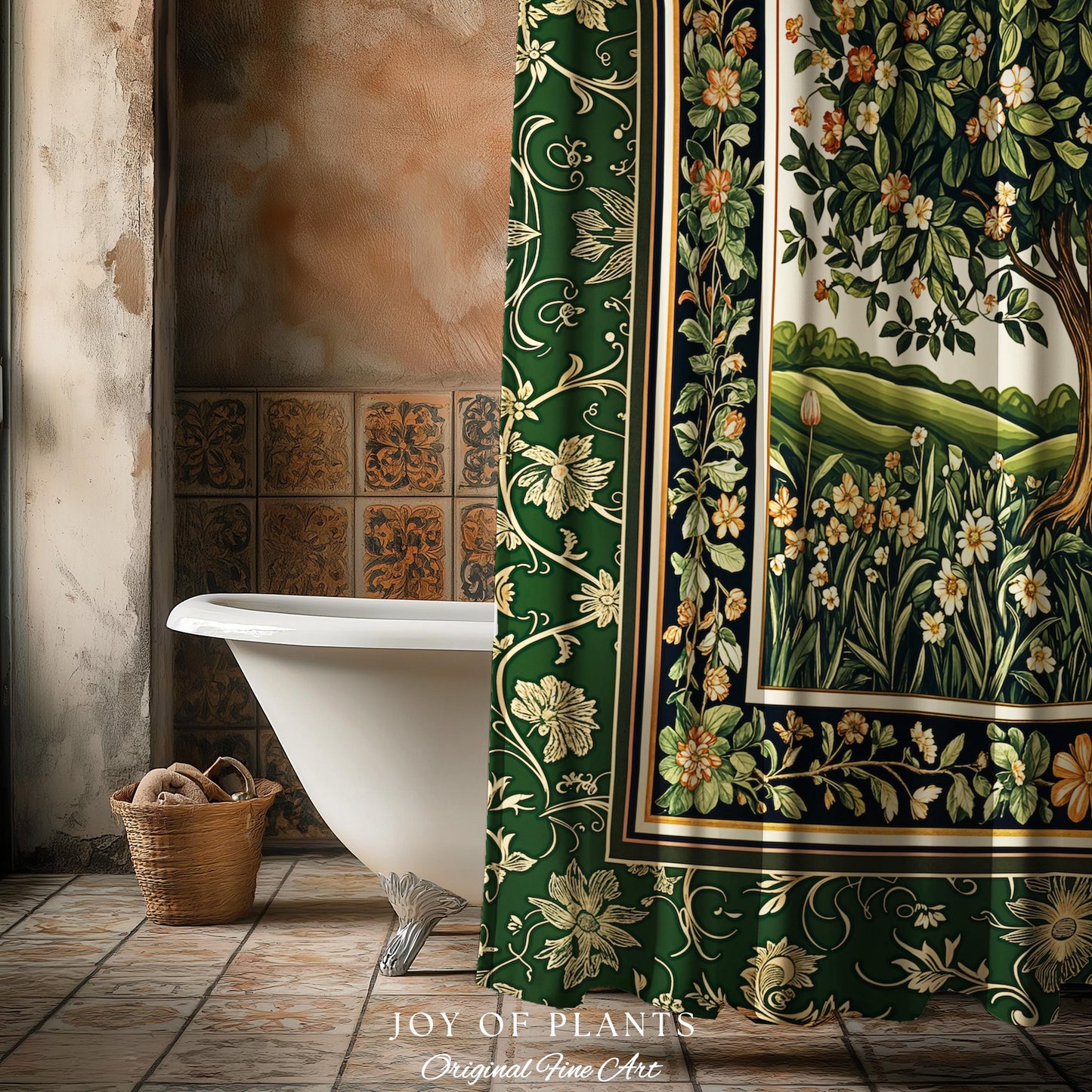 Emerald Green Floral Tree of Life Shower Curtain | Botanical Forestcore Folklore Vintage Floral Enchanted Cozy Cottagecore Whimsical Bath |
