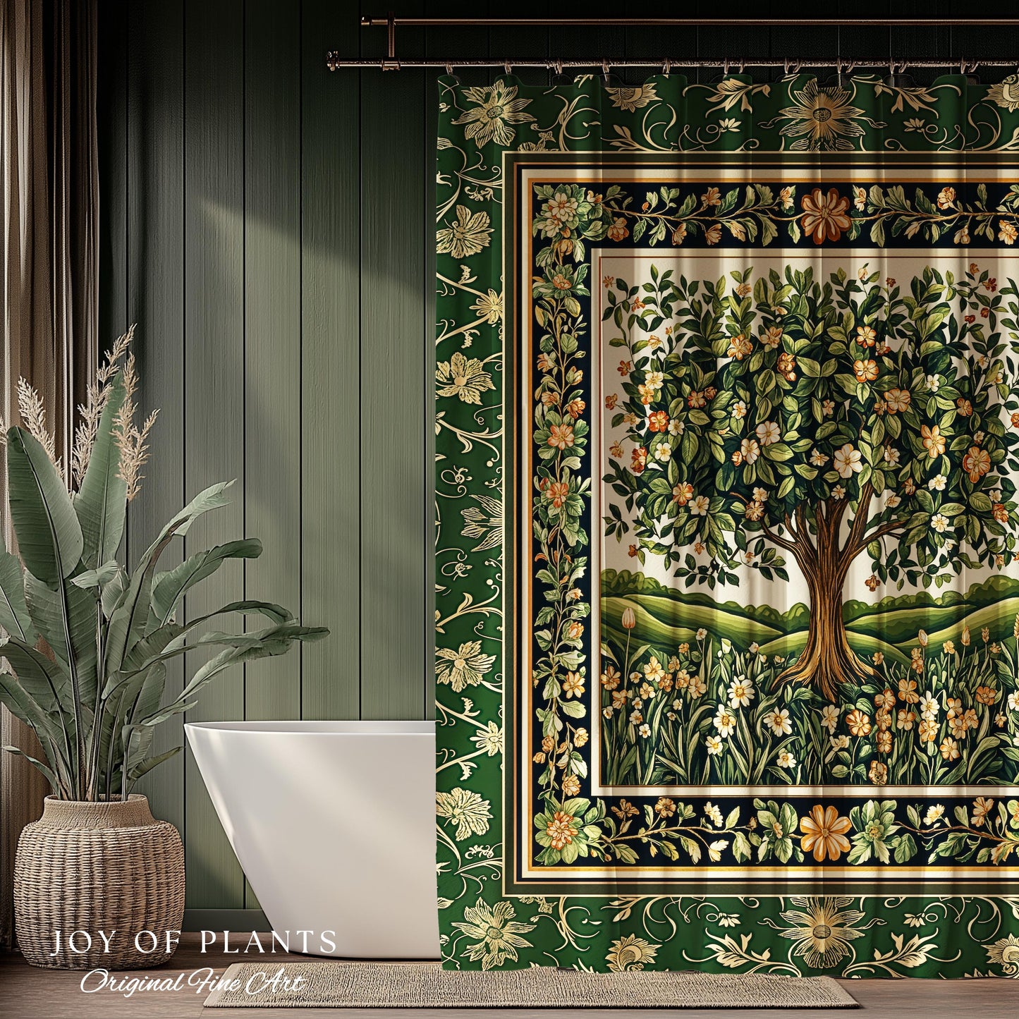 Emerald Green Floral Tree of Life Shower Curtain | Botanical Forestcore Folklore Vintage Floral Enchanted Cozy Cottagecore Whimsical Bath |