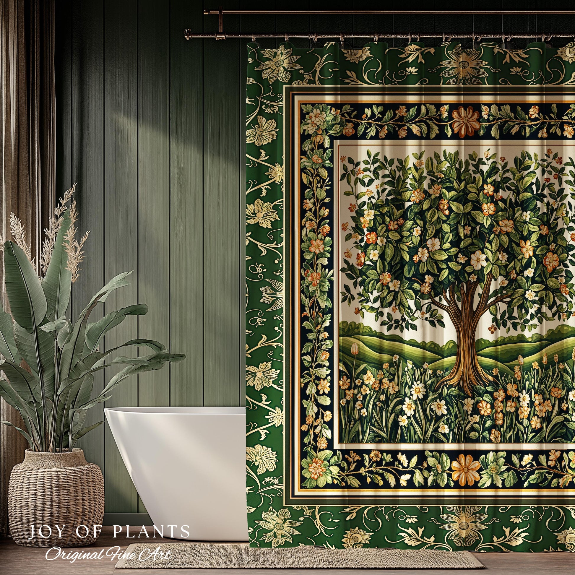 Emerald Green Floral Tree of Life Shower Curtain | Botanical Forestcore Folklore Vintage Floral Enchanted Cozy Cottagecore Whimsical Bath |