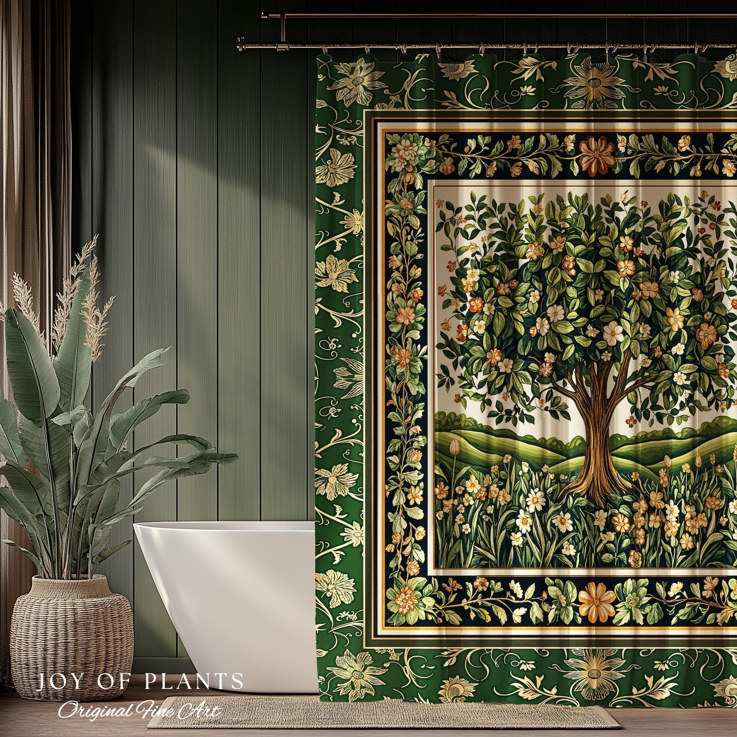 Emerald Green Floral Tree of Life Shower Curtain | Botanical Forestcore Folklore Vintage Floral Enchanted Cozy Cottagecore Whimsical Bath |