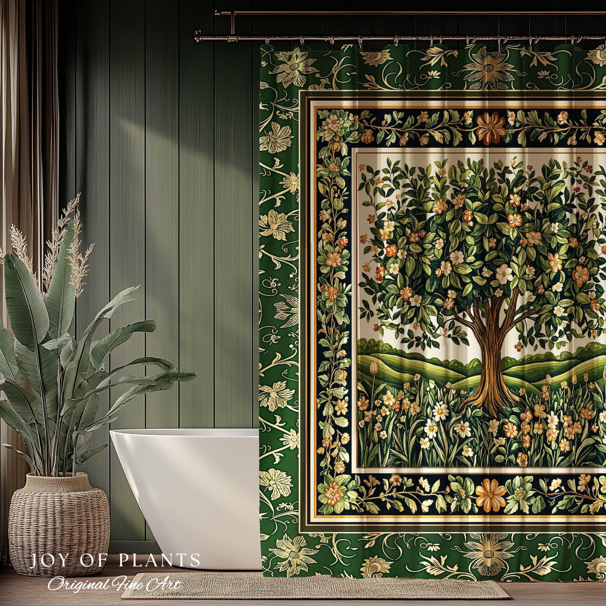 Emerald Green Floral Tree of Life Shower Curtain | Botanical Forestcore Folklore Vintage Floral Enchanted Cozy Cottagecore Whimsical Bath |
