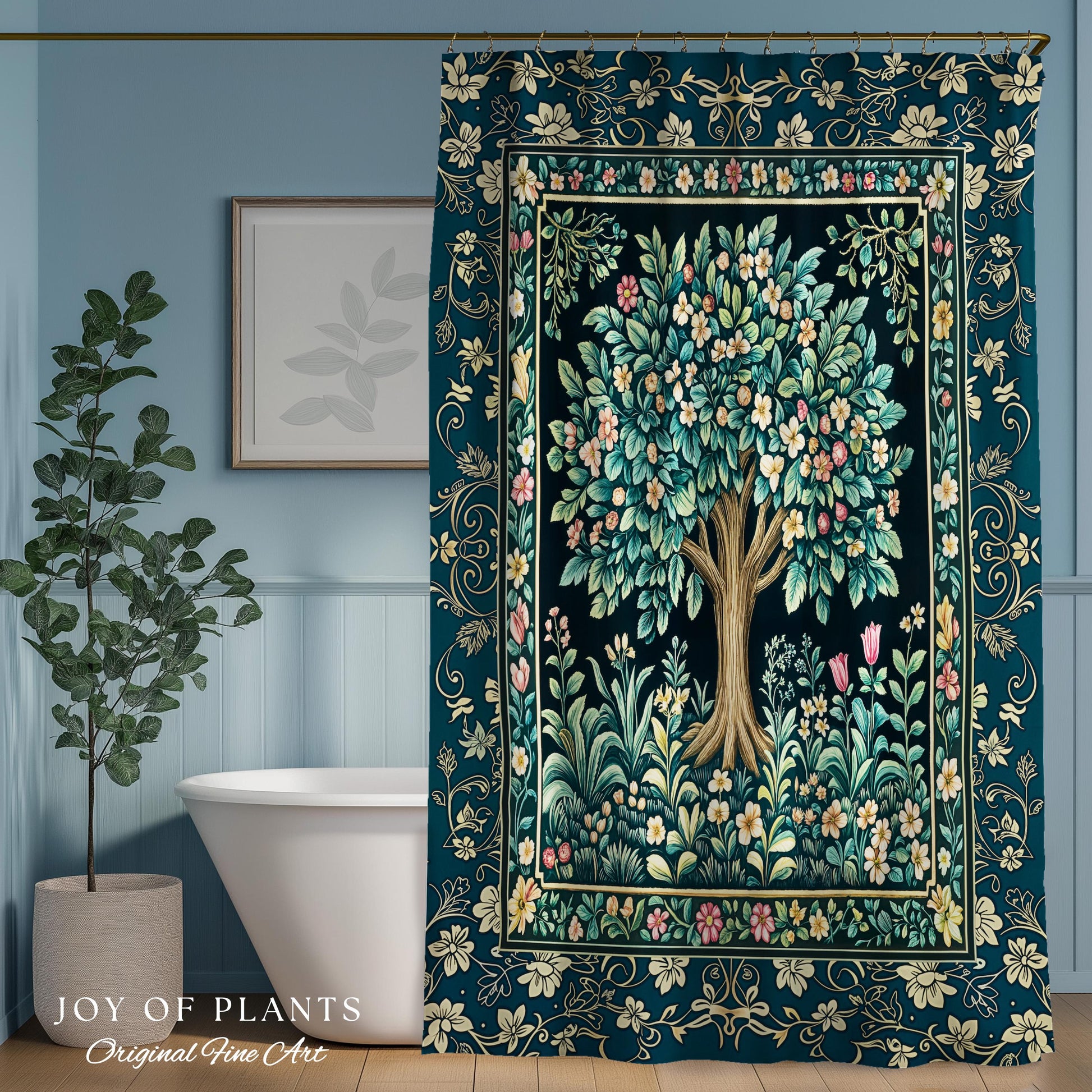 Folklore Forest Storybook Shower Curtain | Enchanted Floral Botanical Cozy Bathroom Tree Vintage Cottagecore Romantic Nature Aesthetic Bath