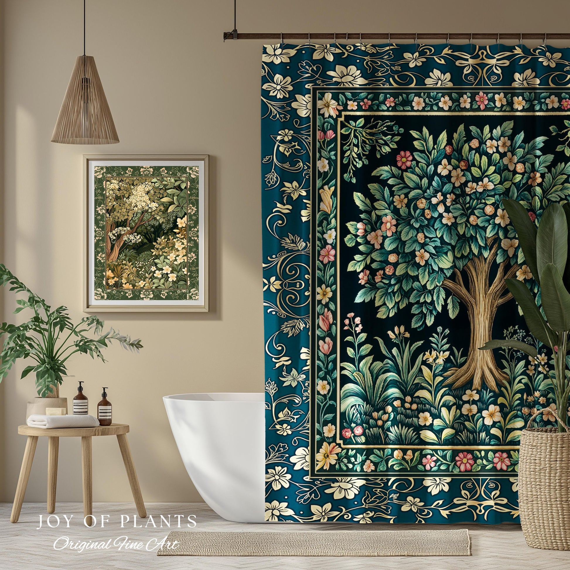 Folklore Forest Storybook Shower Curtain | Enchanted Floral Botanical Cozy Bathroom Tree Vintage Cottagecore Romantic Nature Aesthetic Bath