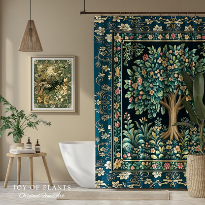 Folklore Forest Storybook Shower Curtain | Enchanted Floral Botanical Cozy Bathroom Tree Vintage Cottagecore Romantic Nature Aesthetic Bath