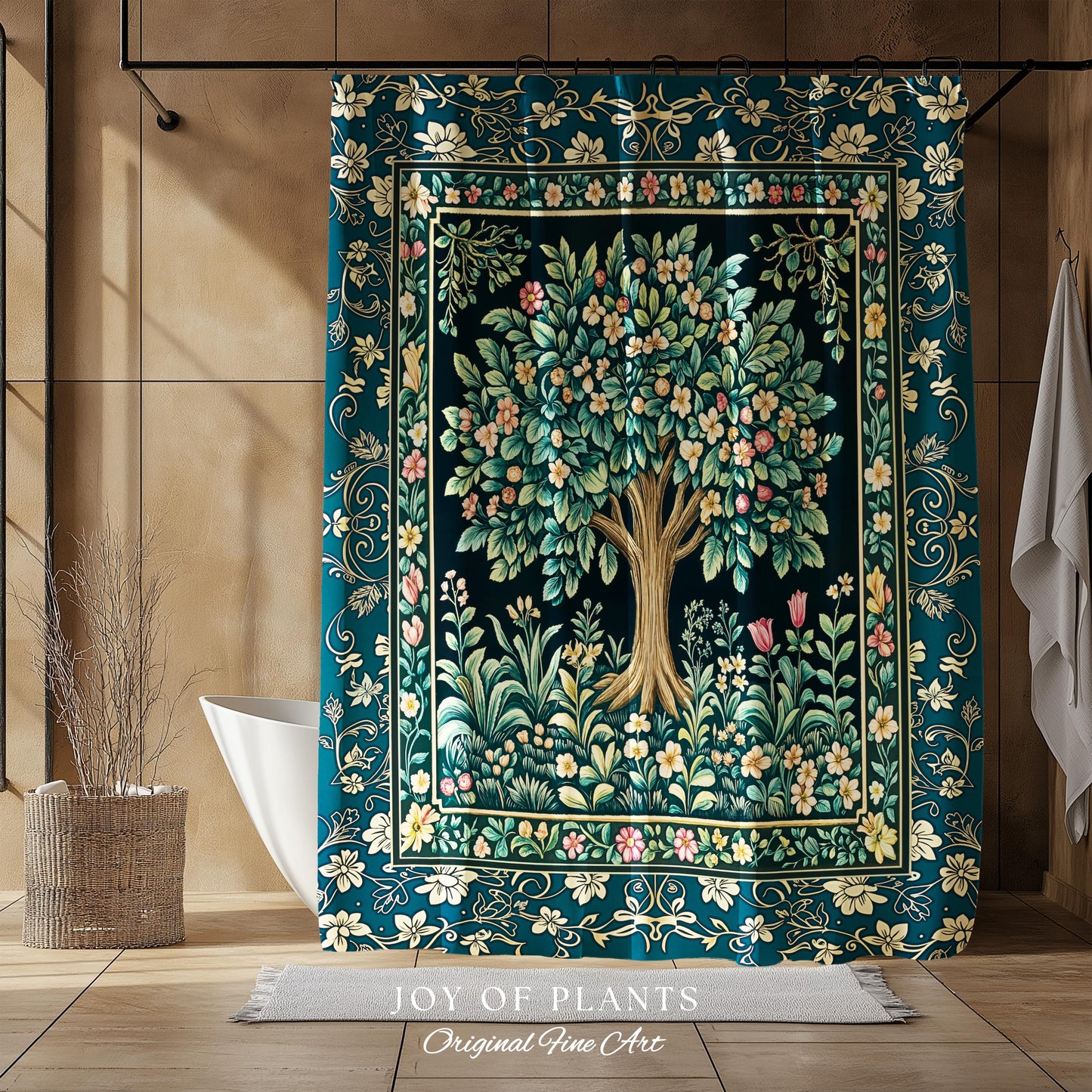 Folklore Forest Storybook Shower Curtain | Enchanted Floral Botanical Cozy Bathroom Tree Vintage Cottagecore Romantic Nature Aesthetic Bath