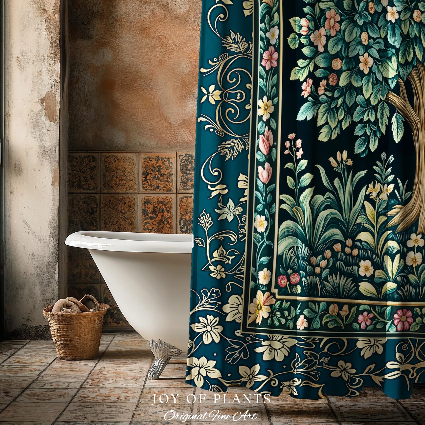Folklore Forest Storybook Shower Curtain | Enchanted Floral Botanical Cozy Bathroom Tree Vintage Cottagecore Romantic Nature Aesthetic Bath