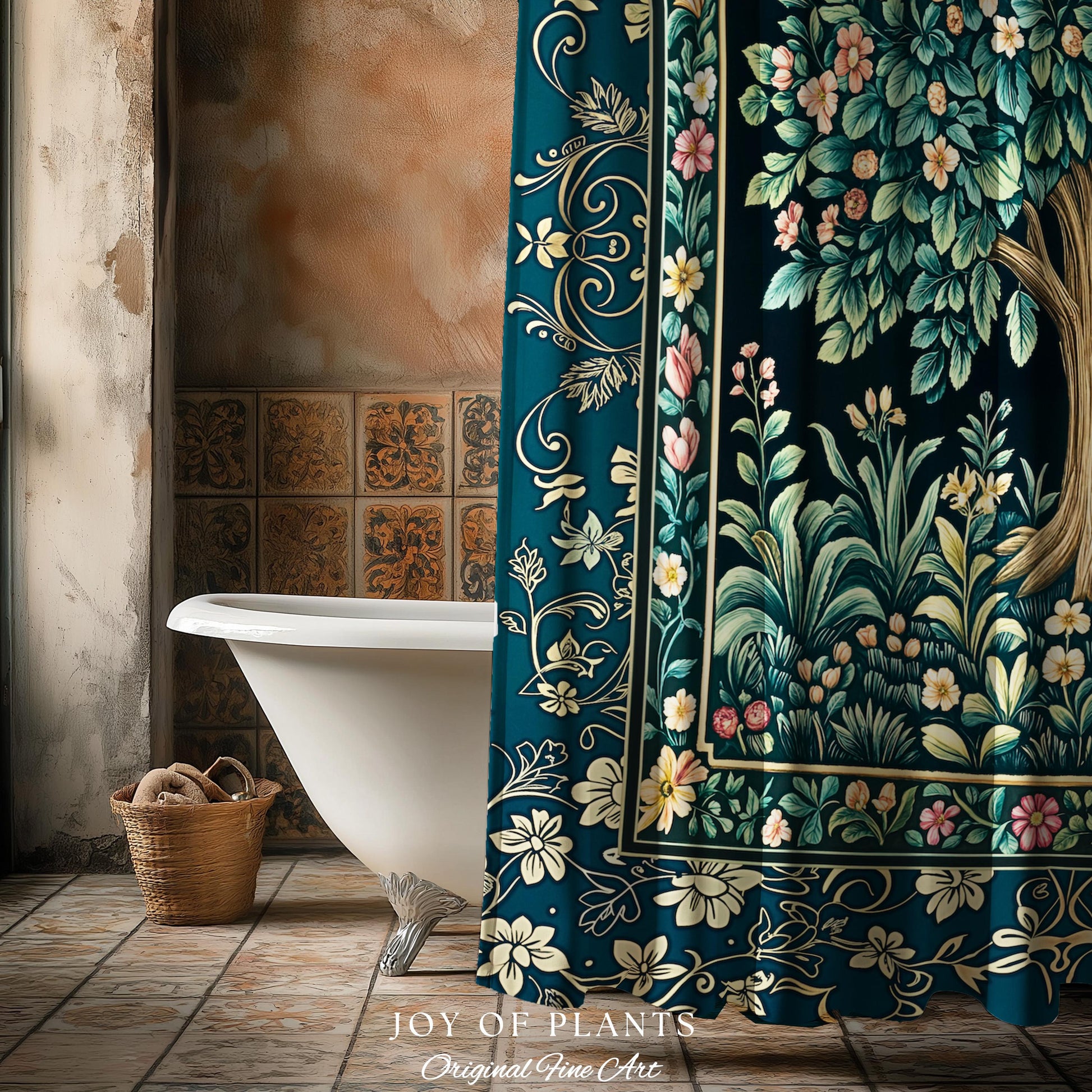 Folklore Forest Storybook Shower Curtain | Enchanted Floral Botanical Cozy Bathroom Tree Vintage Cottagecore Romantic Nature Aesthetic Bath