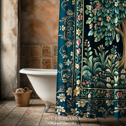 Folklore Forest Storybook Shower Curtain | Enchanted Floral Botanical Cozy Bathroom Tree Vintage Cottagecore Romantic Nature Aesthetic Bath