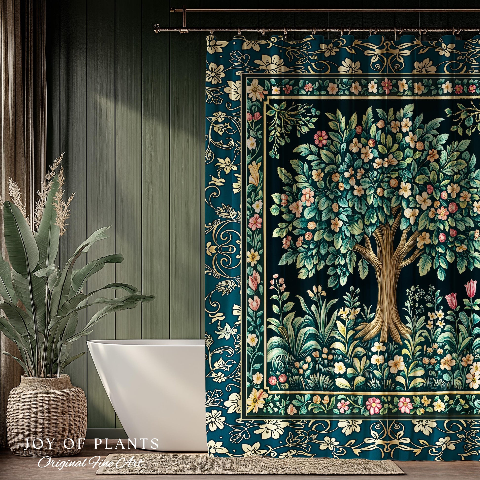 Folklore Forest Storybook Shower Curtain | Enchanted Floral Botanical Cozy Bathroom Tree Vintage Cottagecore Romantic Nature Aesthetic Bath