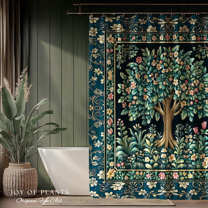 Folklore Forest Storybook Shower Curtain | Enchanted Floral Botanical Cozy Bathroom Tree Vintage Cottagecore Romantic Nature Aesthetic Bath