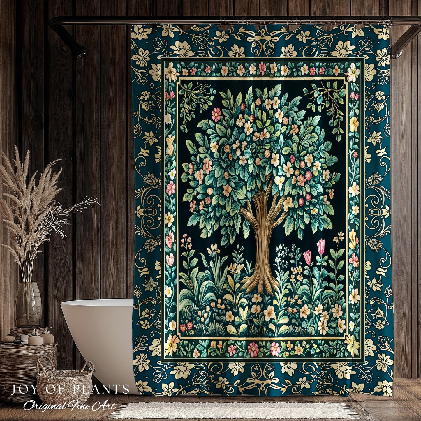Folklore Forest Storybook Shower Curtain | Enchanted Floral Botanical Cozy Bathroom Tree Vintage Cottagecore Romantic Nature Aesthetic Bath