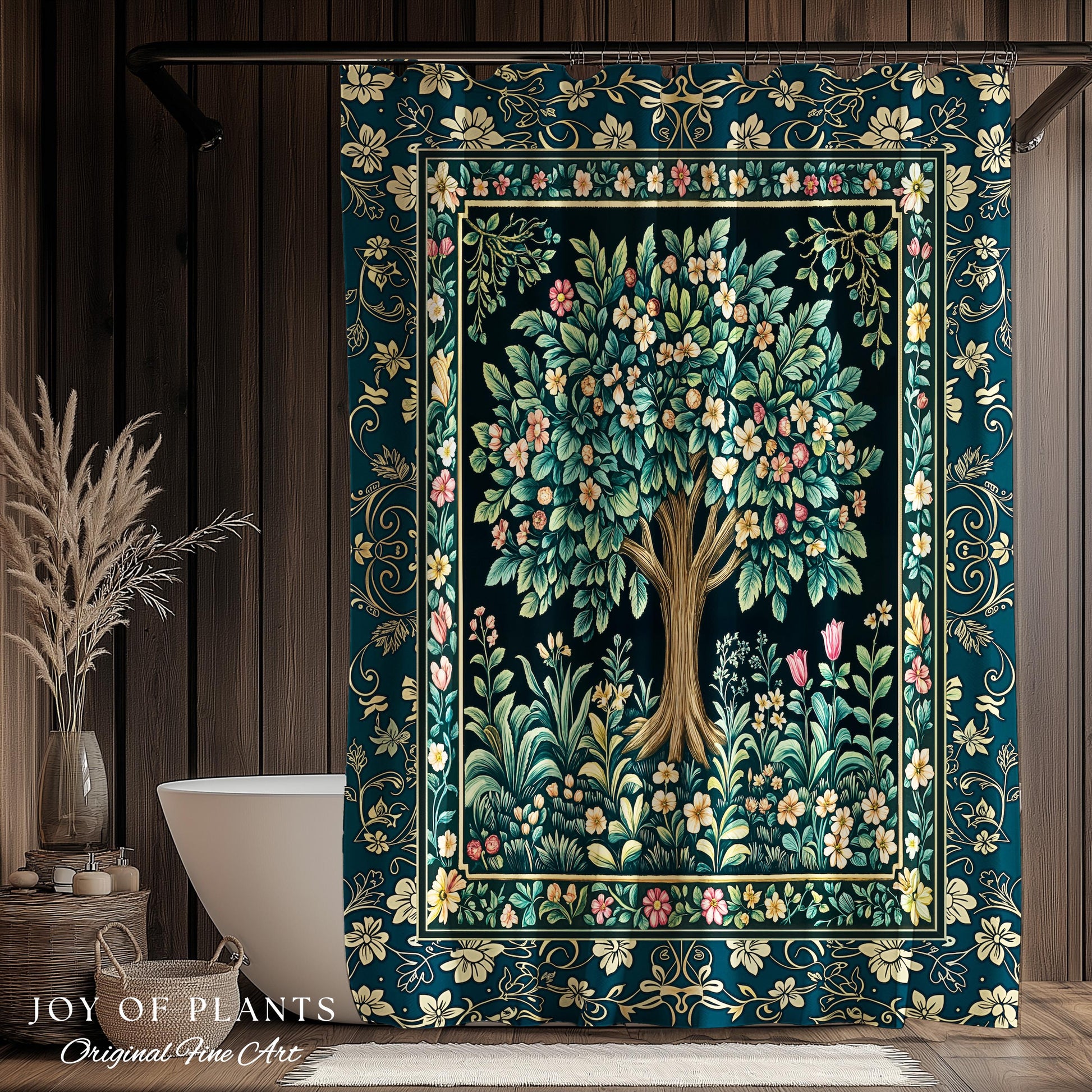 Folklore Forest Storybook Shower Curtain | Enchanted Floral Botanical Cozy Bathroom Tree Vintage Cottagecore Romantic Nature Aesthetic Bath