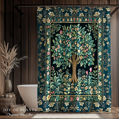Folklore Forest Storybook Shower Curtain | Enchanted Floral Botanical Cozy Bathroom Tree Vintage Cottagecore Romantic Nature Aesthetic Bath