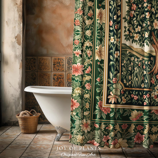Coquette Cottagecore Woodland Shower Curtain | Romantic Fairy Tale Floral Dreamy Forest Cozy Bathroom Rustic Botanical Soft Storybook Style