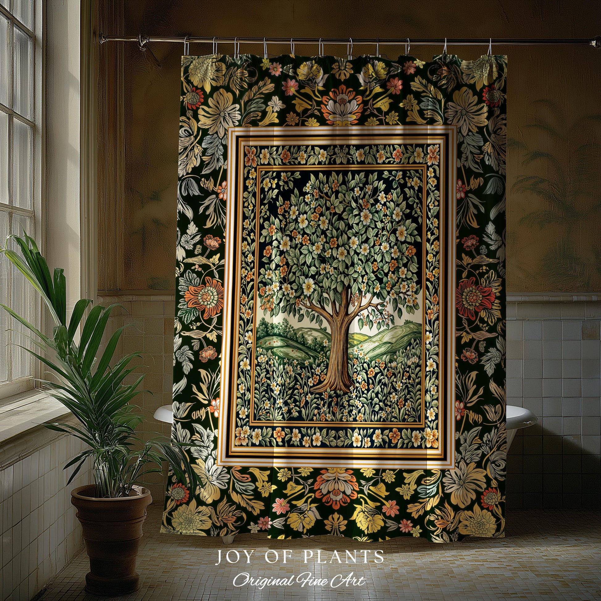 Rustic Fairytale Tree Bathroom Accent | Cozy Enchanted Nature Shower Curtain Romantic Forest Ethereal Vintage Floral Woodland Storybook Art
