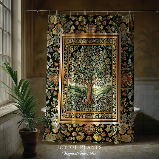 Rustic Fairytale Tree Bathroom Accent | Cozy Enchanted Nature Shower Curtain Romantic Forest Ethereal Vintage Floral Woodland Storybook Art