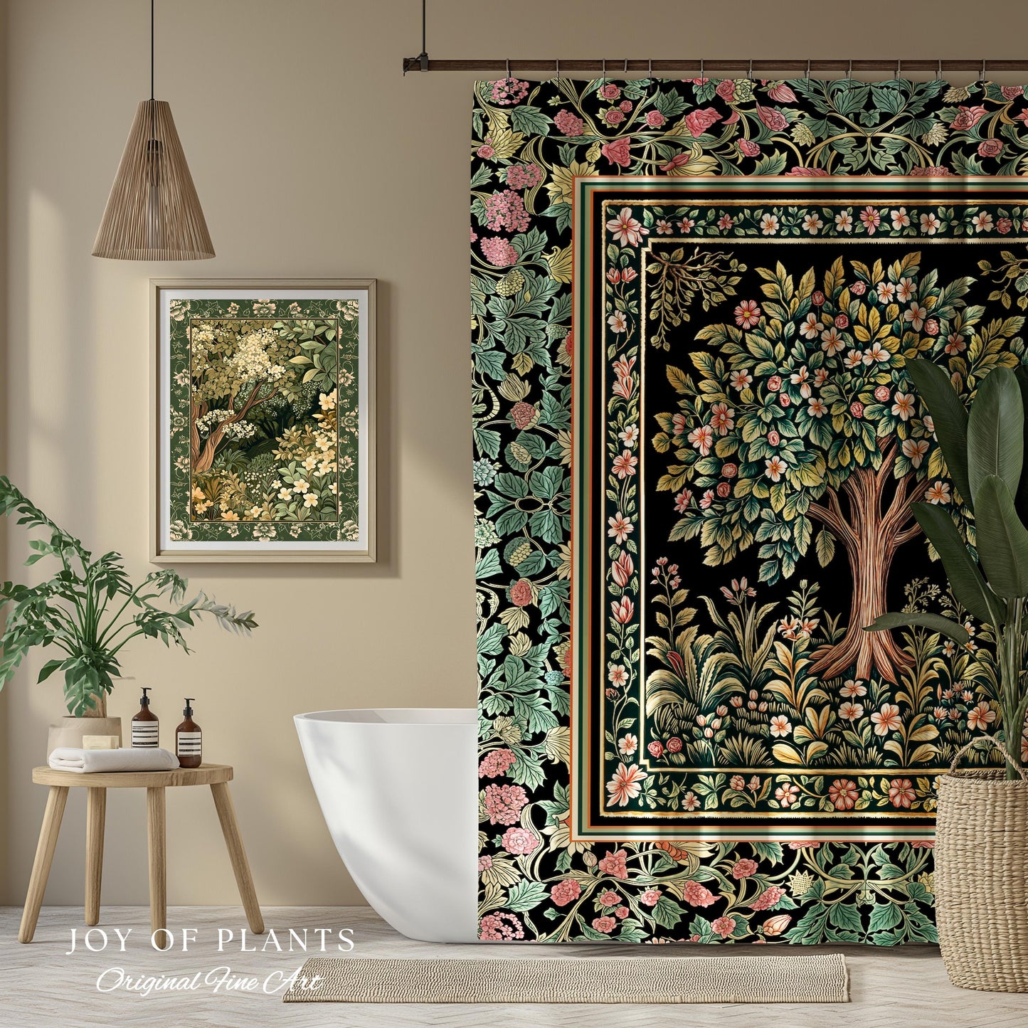 Fairy Garden Tree of Life Shower Curtain | Cottagecore Countryside Romantic Floral Landscape Whimsical Chateau Botanical Bathroom Accent |