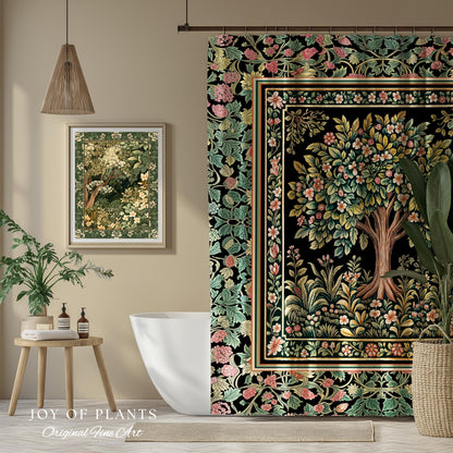 Fairy Garden Tree of Life Shower Curtain | Cottagecore Countryside Romantic Floral Landscape Whimsical Chateau Botanical Bathroom Accent |