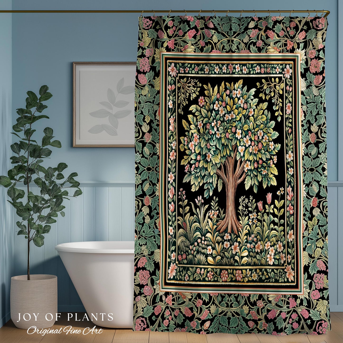 Fairy Garden Tree of Life Shower Curtain | Cottagecore Countryside Romantic Floral Landscape Whimsical Chateau Botanical Bathroom Accent |