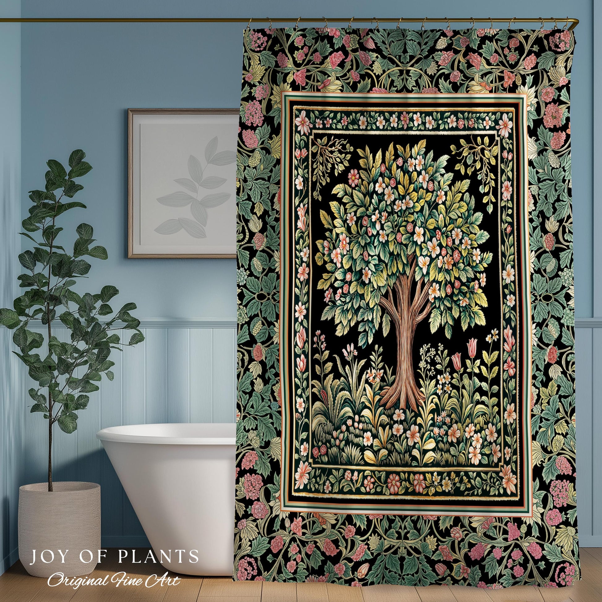 Fairy Garden Tree of Life Shower Curtain | Cottagecore Countryside Romantic Floral Landscape Whimsical Chateau Botanical Bathroom Accent |