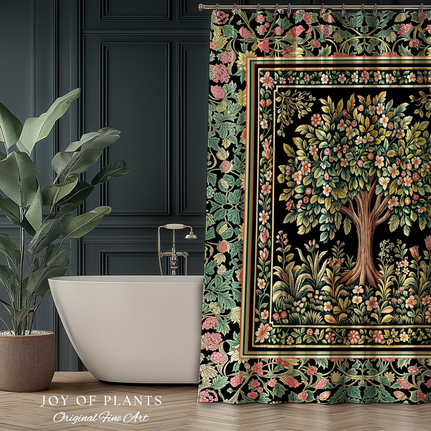 Fairy Garden Tree of Life Shower Curtain | Cottagecore Countryside Romantic Floral Landscape Whimsical Chateau Botanical Bathroom Accent |