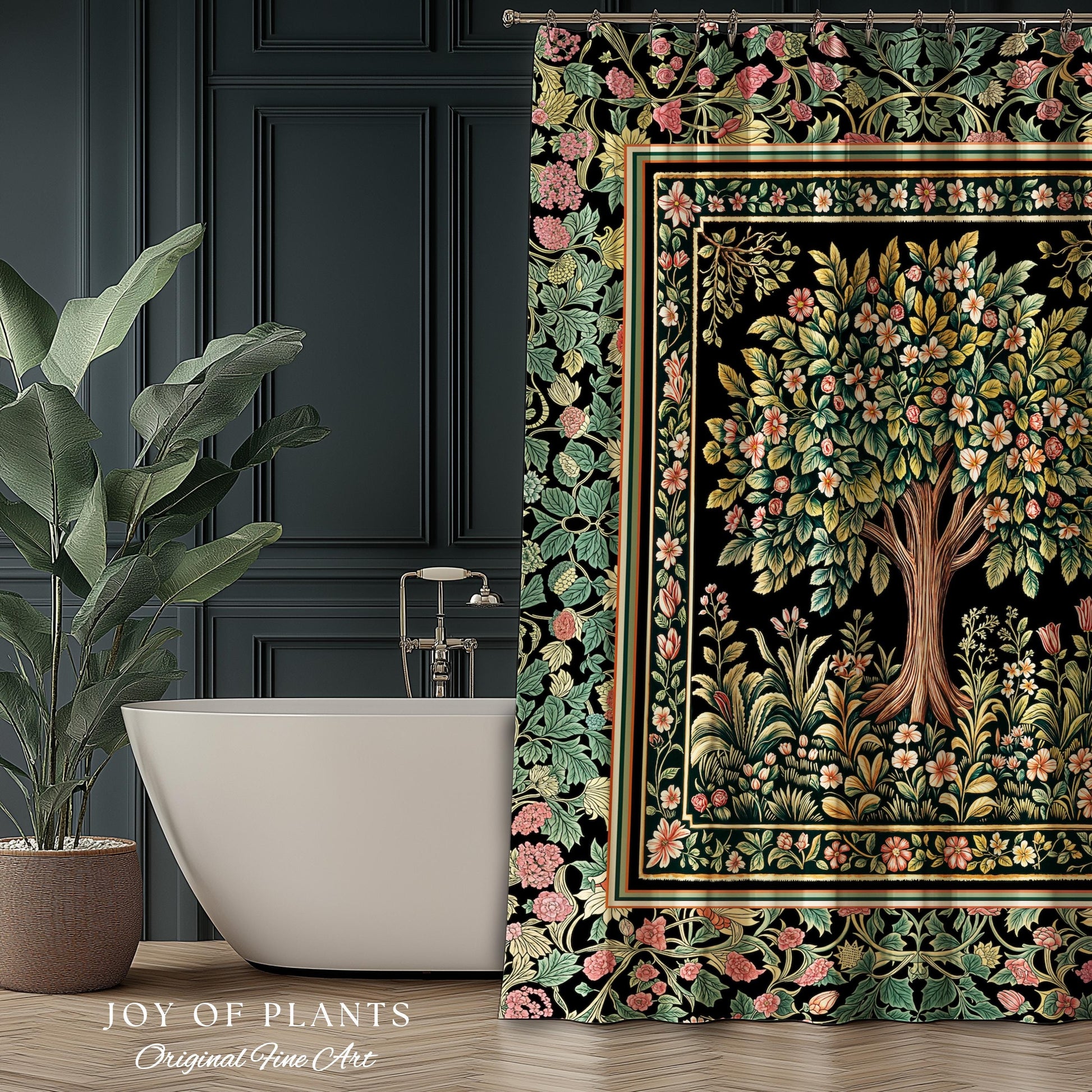 Fairy Garden Tree of Life Shower Curtain | Cottagecore Countryside Romantic Floral Landscape Whimsical Chateau Botanical Bathroom Accent |