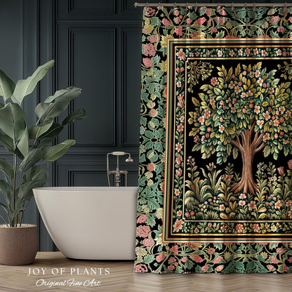 Fairy Garden Tree of Life Shower Curtain | Cottagecore Countryside Romantic Floral Landscape Whimsical Chateau Botanical Bathroom Accent |