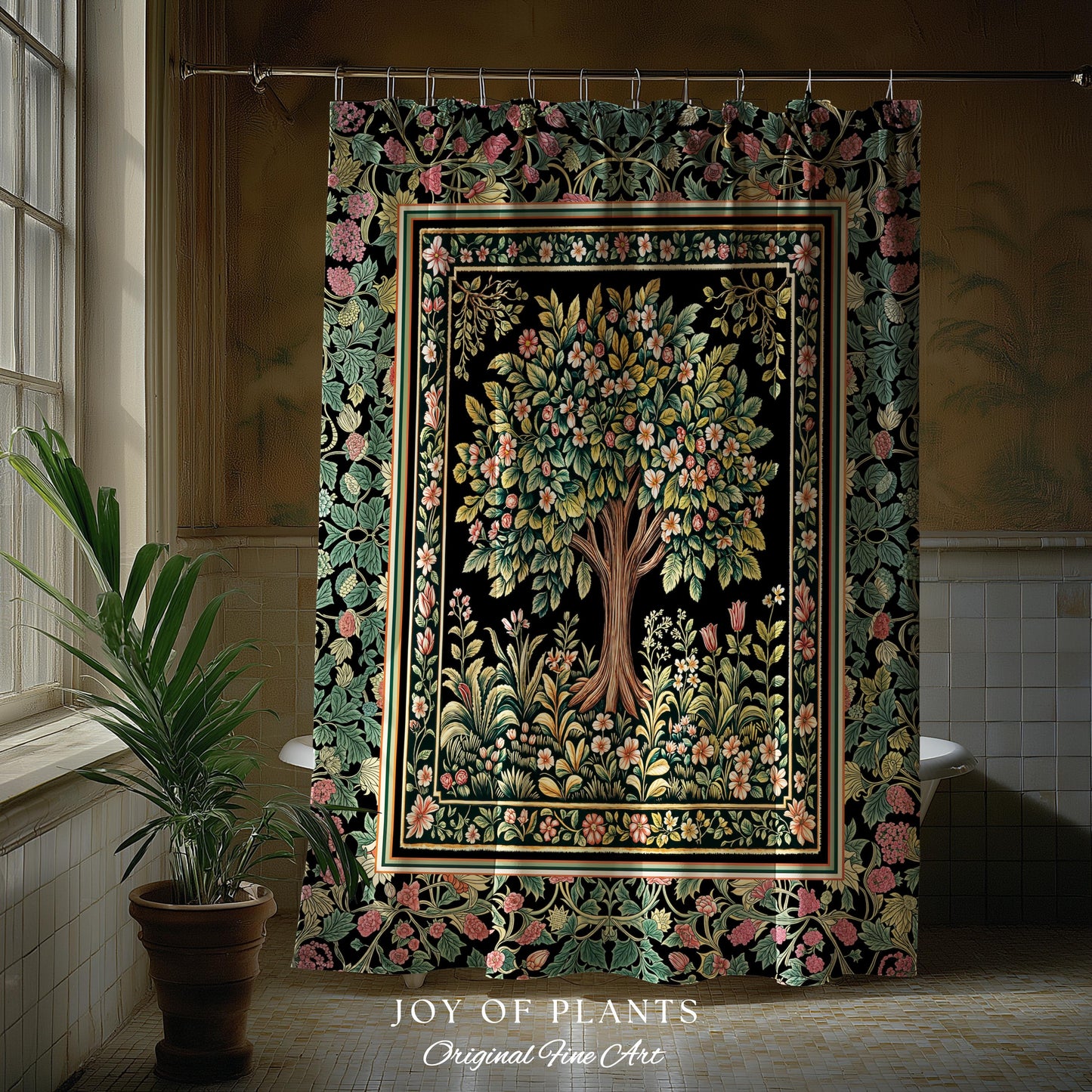 Fairy Garden Tree of Life Shower Curtain | Cottagecore Countryside Romantic Floral Landscape Whimsical Chateau Botanical Bathroom Accent |
