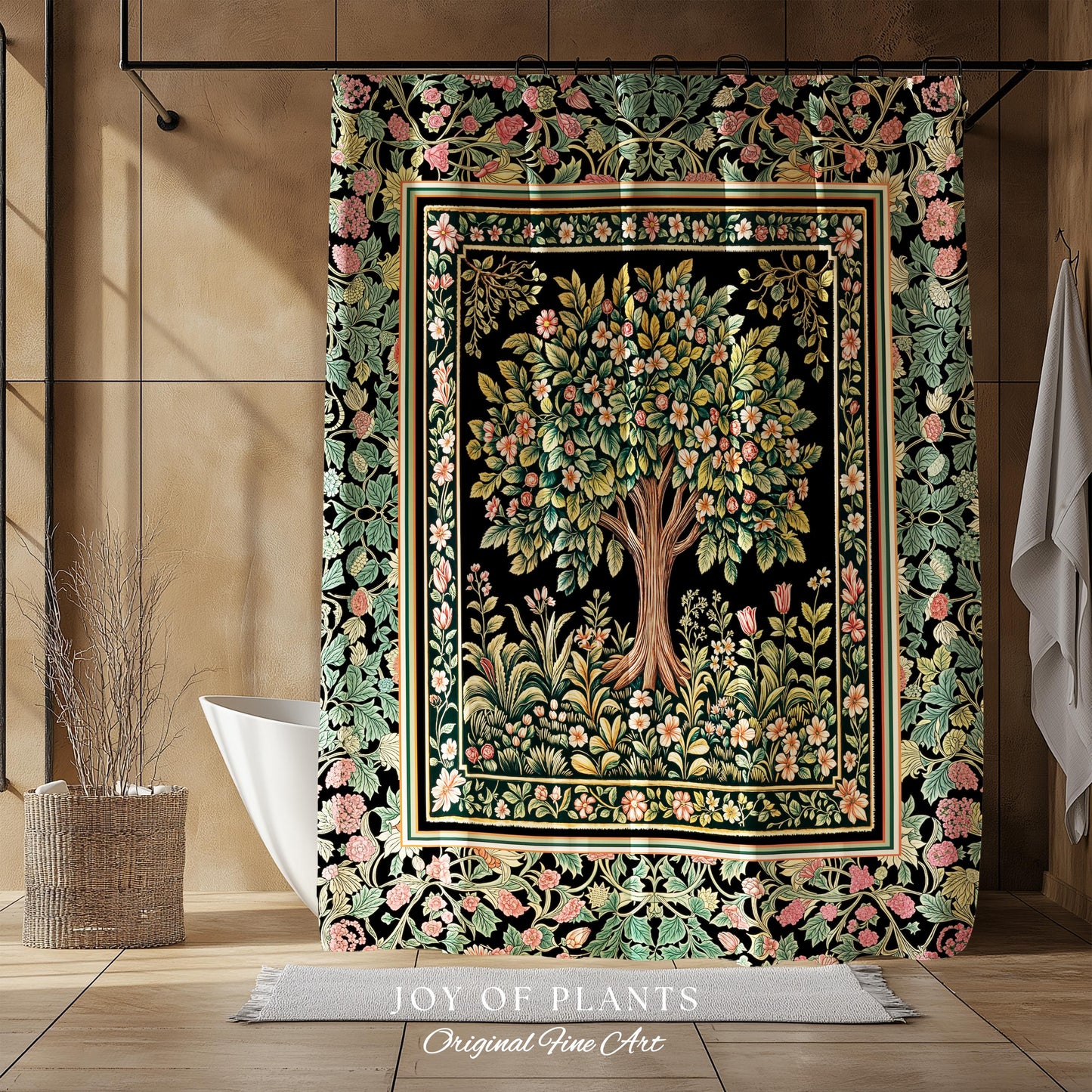 Fairy Garden Tree of Life Shower Curtain | Cottagecore Countryside Romantic Floral Landscape Whimsical Chateau Botanical Bathroom Accent |