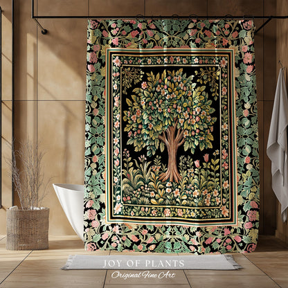 Fairy Garden Tree of Life Shower Curtain | Cottagecore Countryside Romantic Floral Landscape Whimsical Chateau Botanical Bathroom Accent |