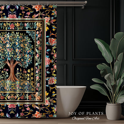Eclectic Whimsy Tree of Life Bathroom Accent | Colorful Shower Curtain Forest Fairy Cottagecore Garden Folklore Floral Enchanted Pastel Bath