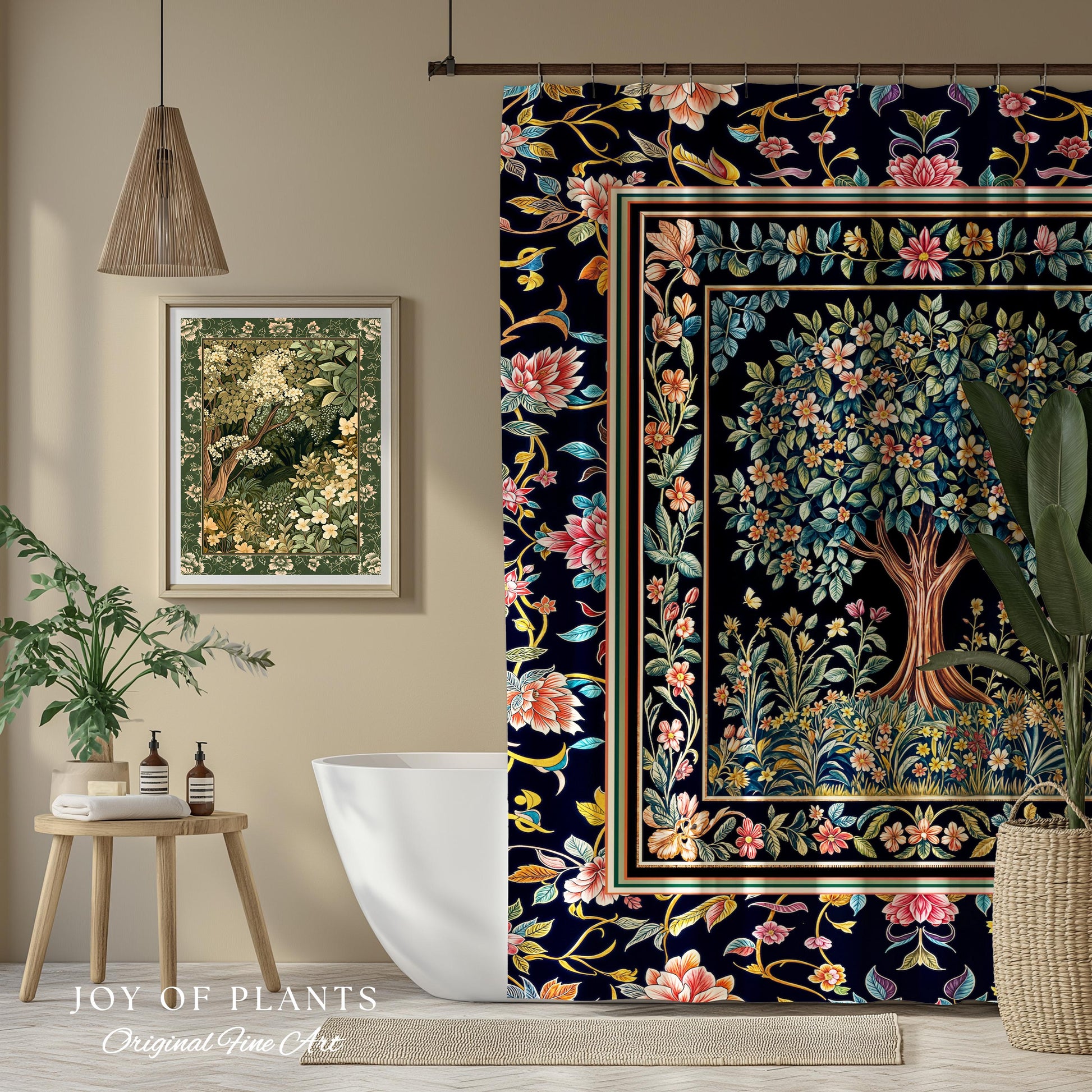 Eclectic Whimsy Tree of Life Bathroom Accent | Colorful Shower Curtain Forest Fairy Cottagecore Garden Folklore Floral Enchanted Pastel Bath