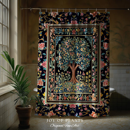 Eclectic Whimsy Tree of Life Bathroom Accent | Colorful Shower Curtain Forest Fairy Cottagecore Garden Folklore Floral Enchanted Pastel Bath
