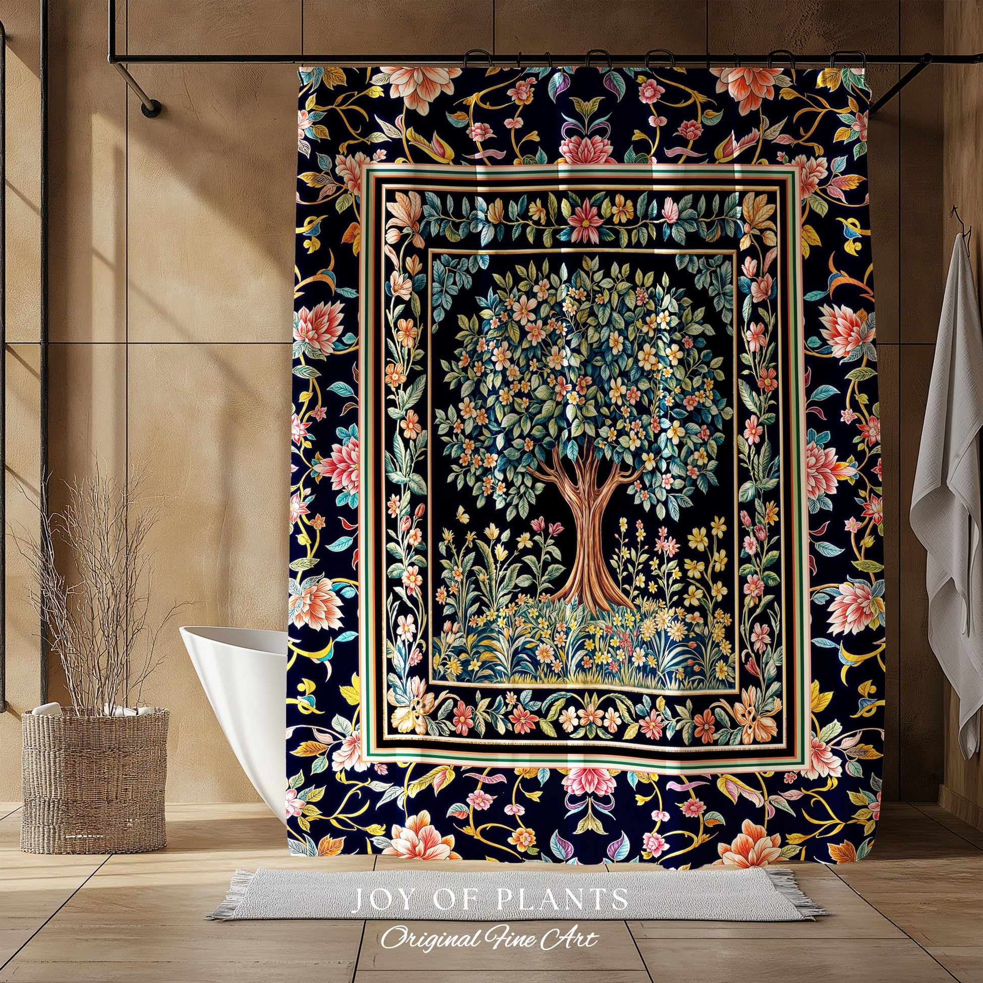 Eclectic Whimsy Tree of Life Bathroom Accent | Colorful Shower Curtain Forest Fairy Cottagecore Garden Folklore Floral Enchanted Pastel Bath