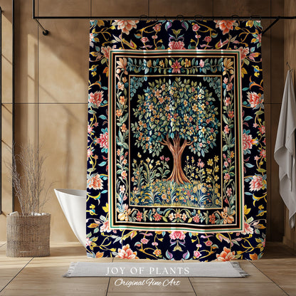 Eclectic Whimsy Tree of Life Bathroom Accent | Colorful Shower Curtain Forest Fairy Cottagecore Garden Folklore Floral Enchanted Pastel Bath