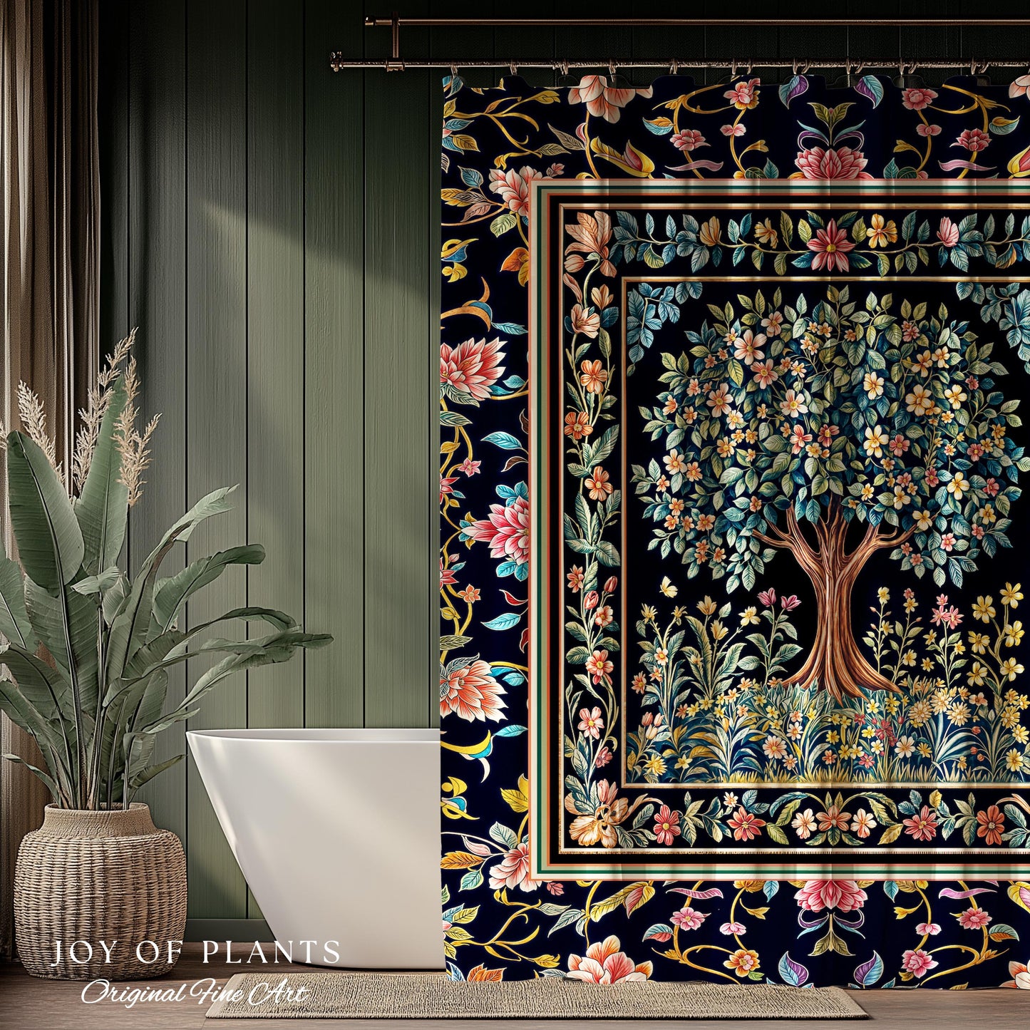 Eclectic Whimsy Tree of Life Bathroom Accent | Colorful Shower Curtain Forest Fairy Cottagecore Garden Folklore Floral Enchanted Pastel Bath