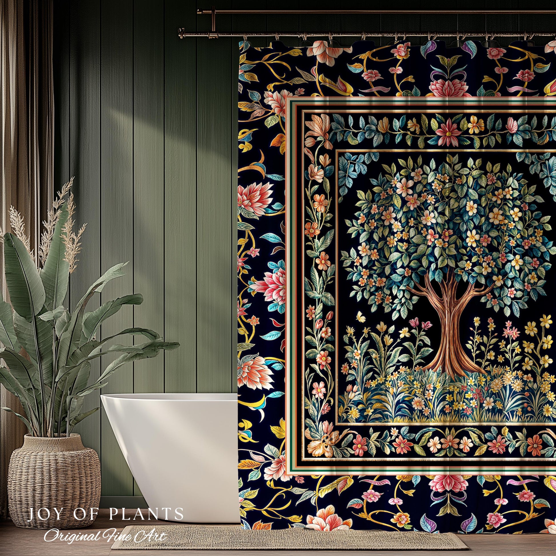 Eclectic Whimsy Tree of Life Bathroom Accent | Colorful Shower Curtain Forest Fairy Cottagecore Garden Folklore Floral Enchanted Pastel Bath