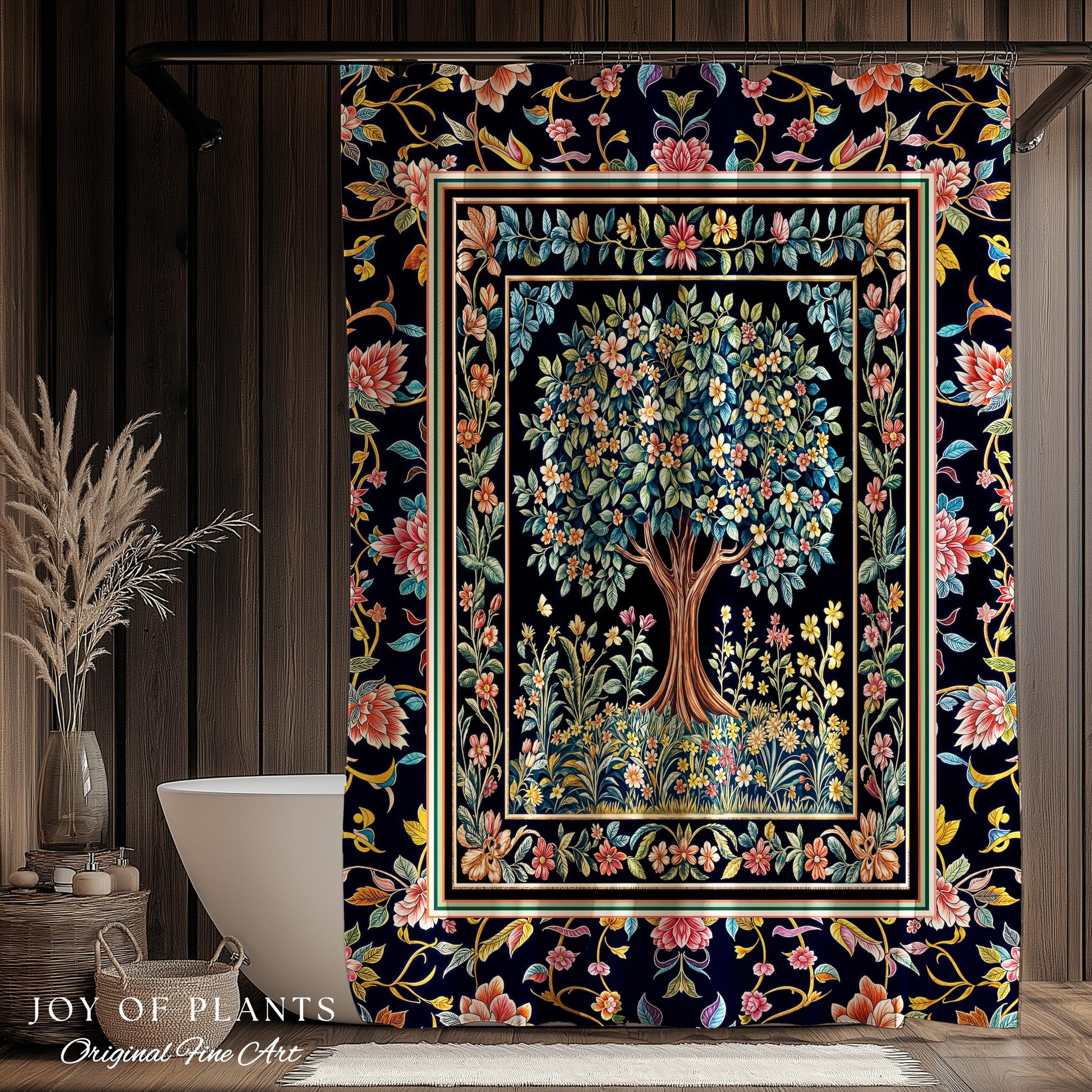 Eclectic Whimsy Tree of Life Bathroom Accent | Colorful Shower Curtain Forest Fairy Cottagecore Garden Folklore Floral Enchanted Pastel Bath