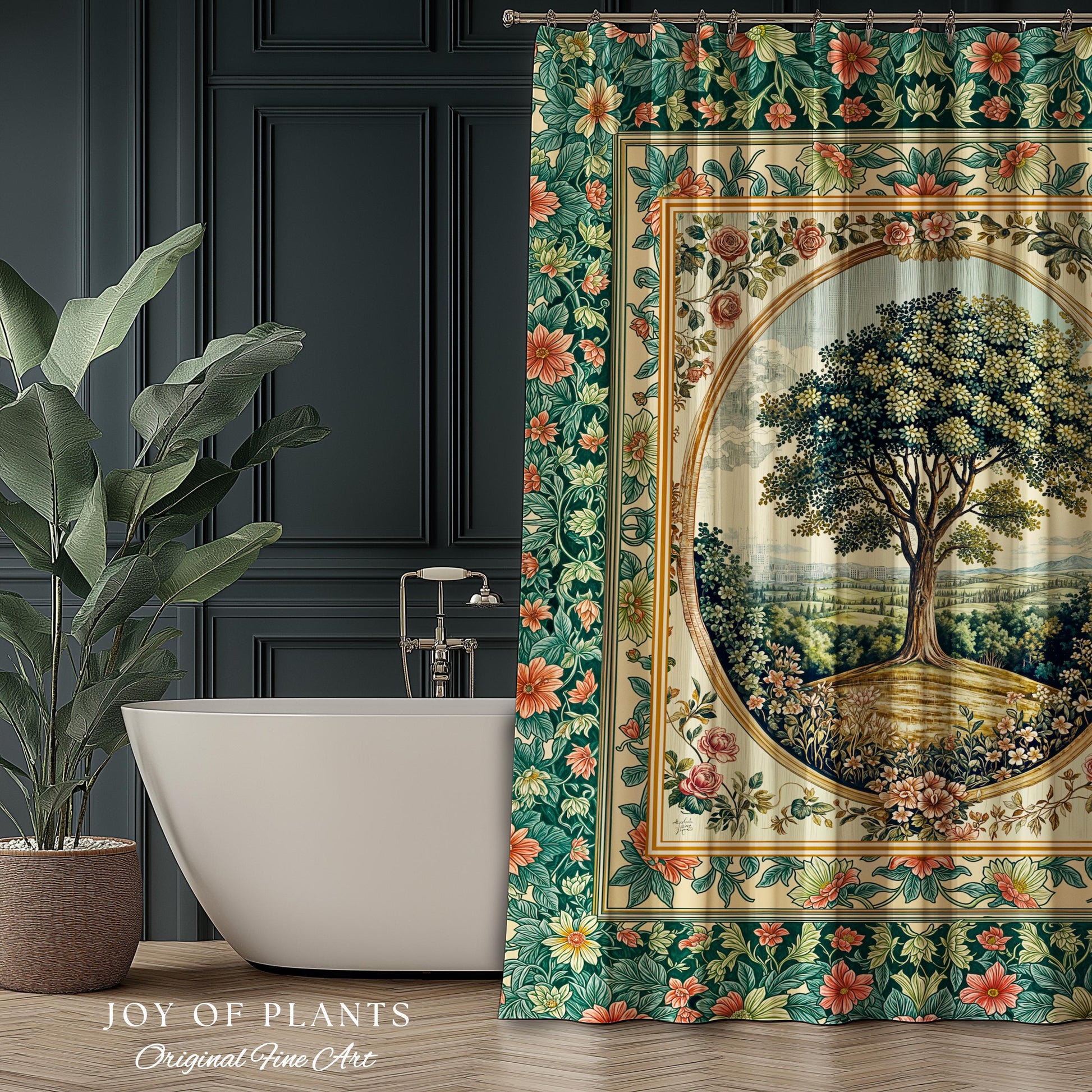 Romantic Ornate Botanical Countryside Bathroom | Victorian Shower Curtain Antique Botanical French Garden Style Chateau Floral Classical |