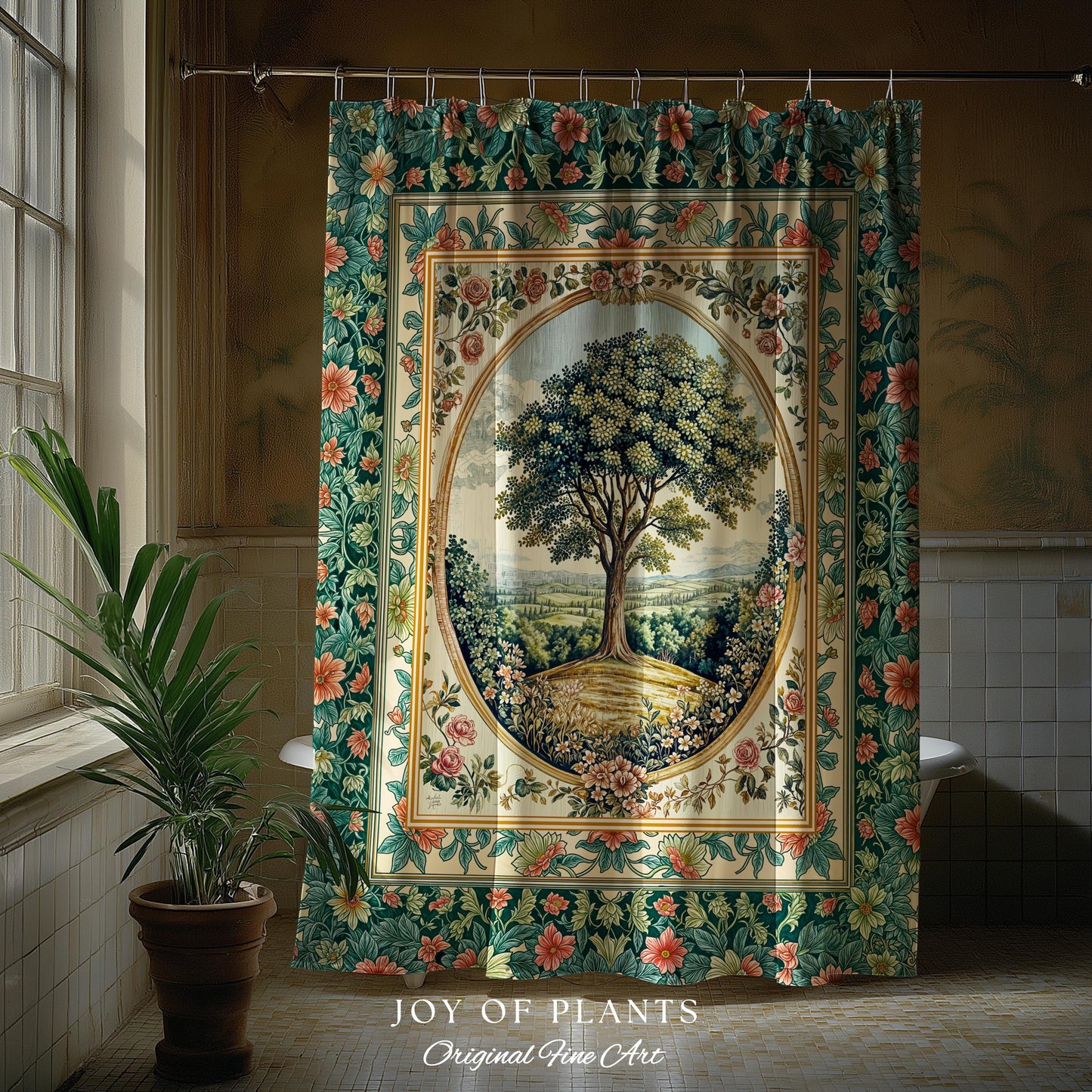 Romantic Ornate Botanical Countryside Bathroom | Victorian Shower Curtain Antique Botanical French Garden Style Chateau Floral Classical |