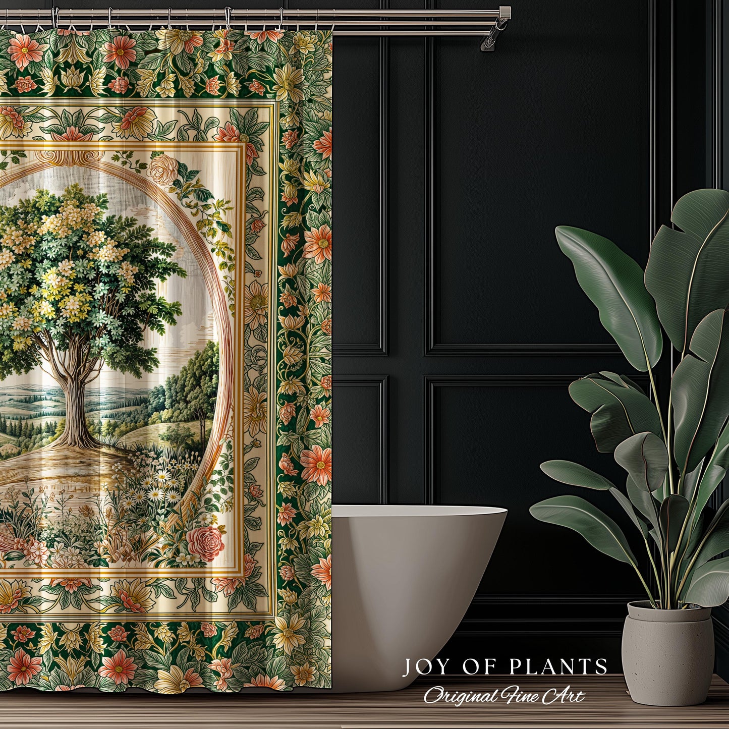 Chateau Garden Tree of Life Shower Curtain | French Provincial Landscape Antique Floral Accent Romantic Aesthetic Victorian Bathroom Decor |