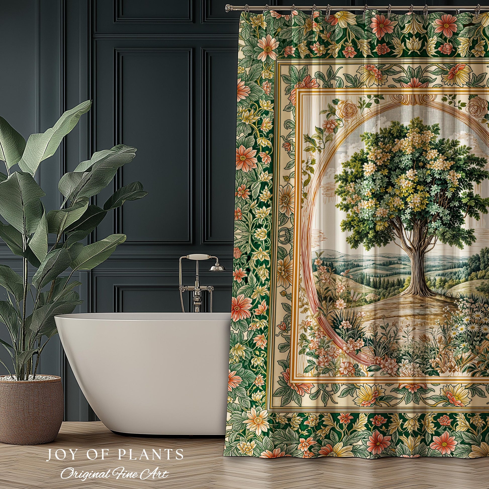 Chateau Garden Tree of Life Shower Curtain | French Provincial Landscape Antique Floral Accent Romantic Aesthetic Victorian Bathroom Decor |