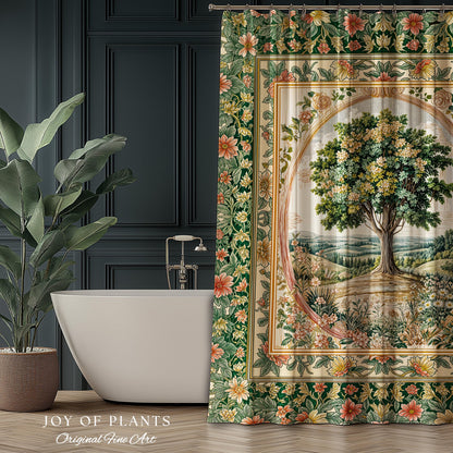 Chateau Garden Tree of Life Shower Curtain | French Provincial Landscape Antique Floral Accent Romantic Aesthetic Victorian Bathroom Decor |
