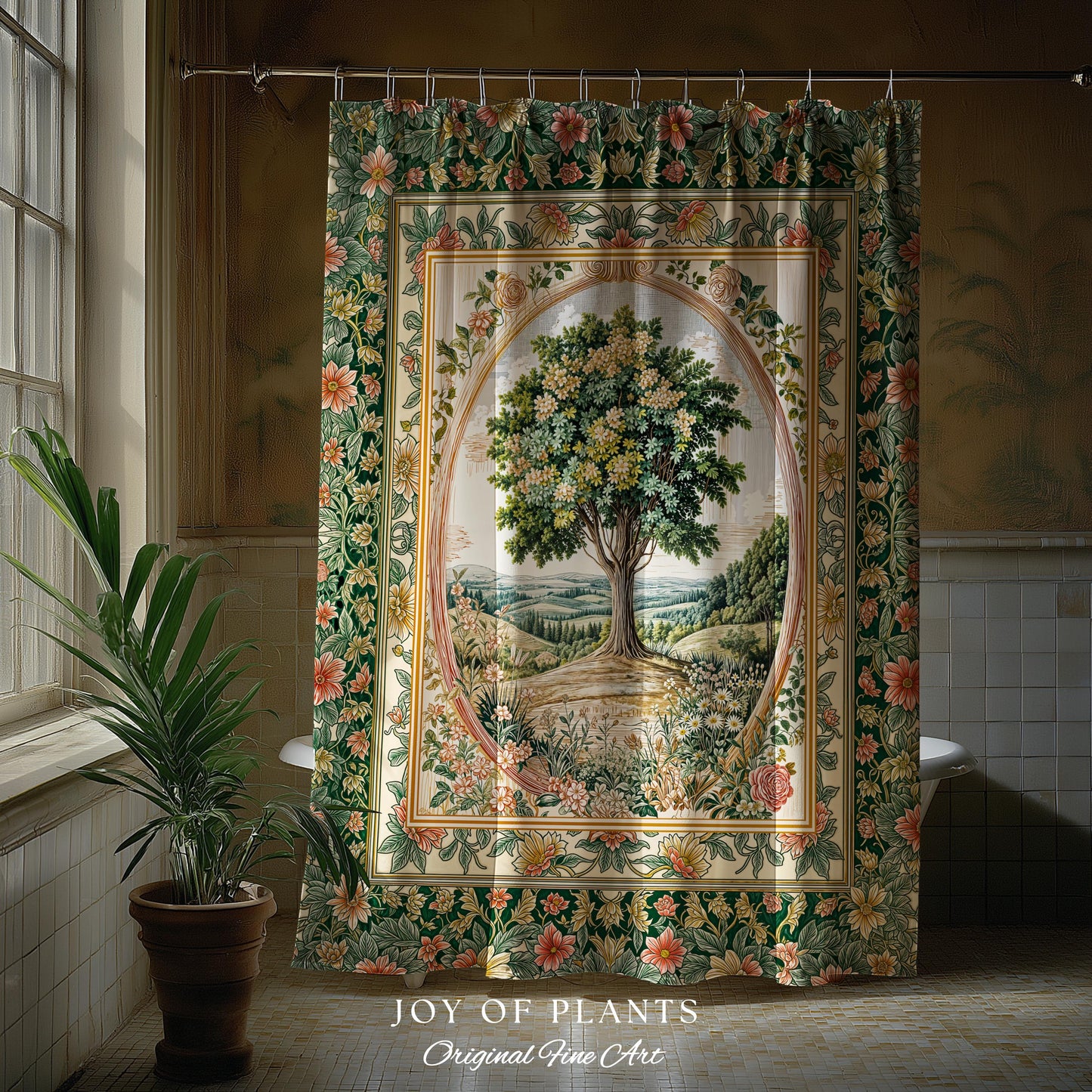 Chateau Garden Tree of Life Shower Curtain | French Provincial Landscape Antique Floral Accent Romantic Aesthetic Victorian Bathroom Decor |