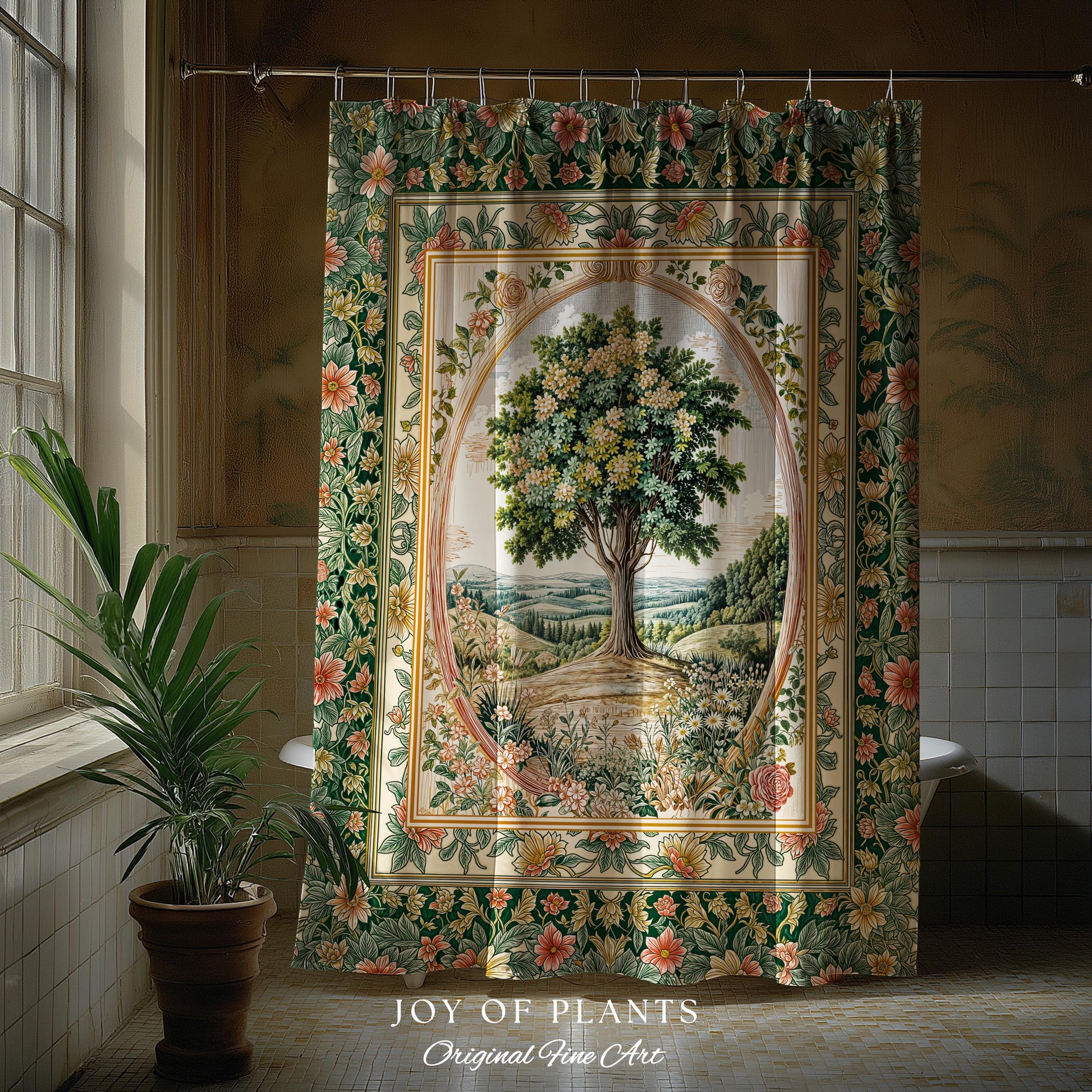 Chateau Garden Tree of Life Shower Curtain | French Provincial Landscape Antique Floral Accent Romantic Aesthetic Victorian Bathroom Decor |