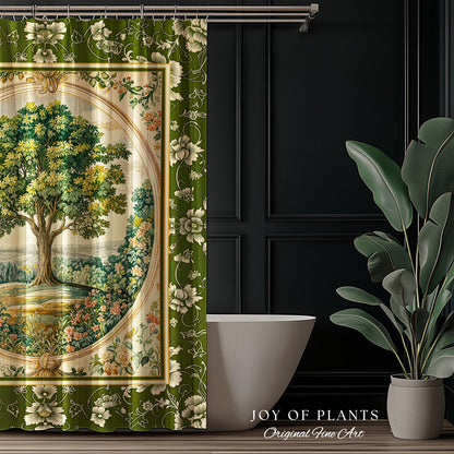 Victorian Soft Aesthetic Tree of Life Shower Curtain | Romantic Botanical Regency Decor Floral Enchanted Forest Green Cottagecore Bathroom |