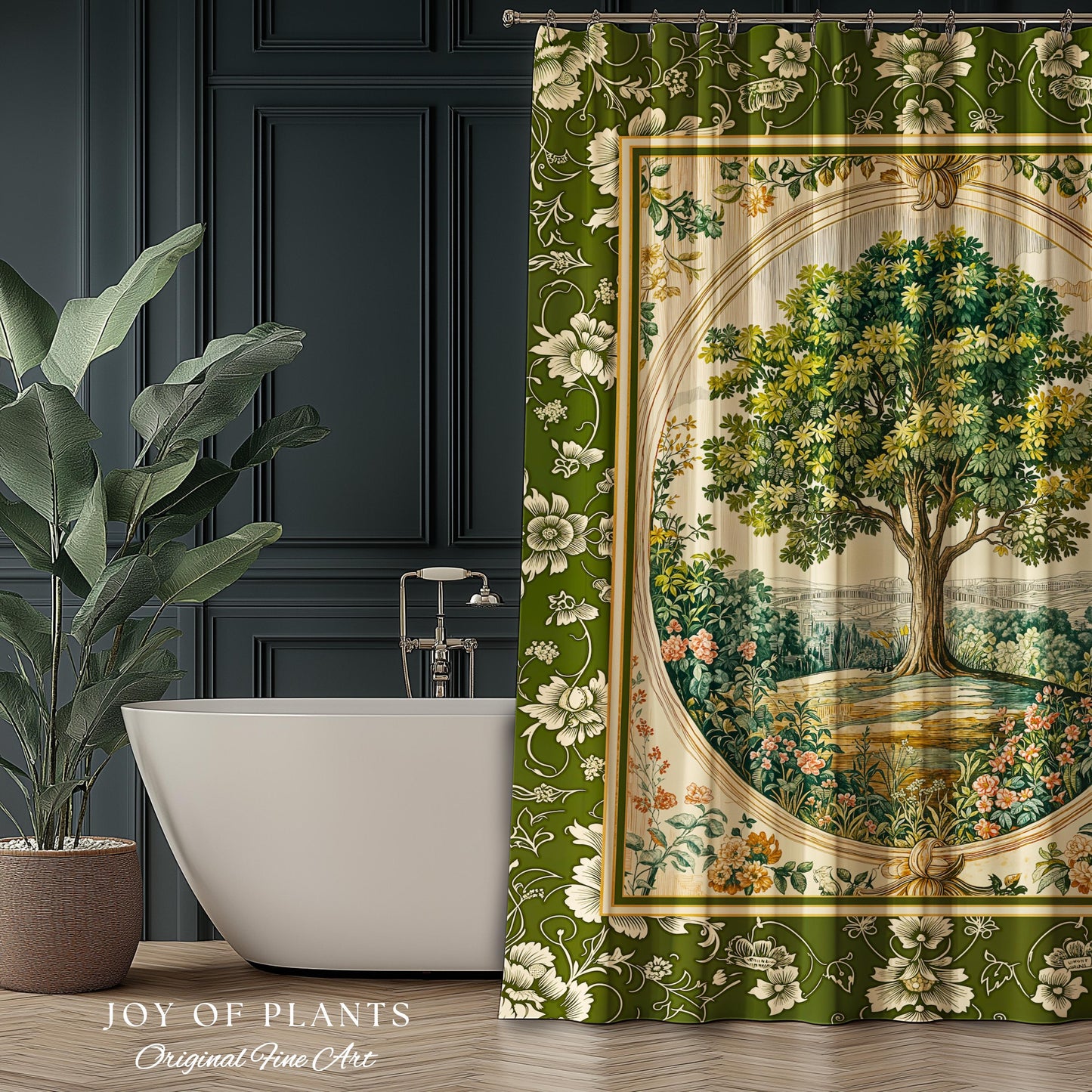 Victorian Soft Aesthetic Tree of Life Shower Curtain | Romantic Botanical Regency Decor Floral Enchanted Forest Green Cottagecore Bathroom |