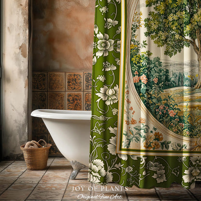 Victorian Soft Aesthetic Tree of Life Shower Curtain | Romantic Botanical Regency Decor Floral Enchanted Forest Green Cottagecore Bathroom |